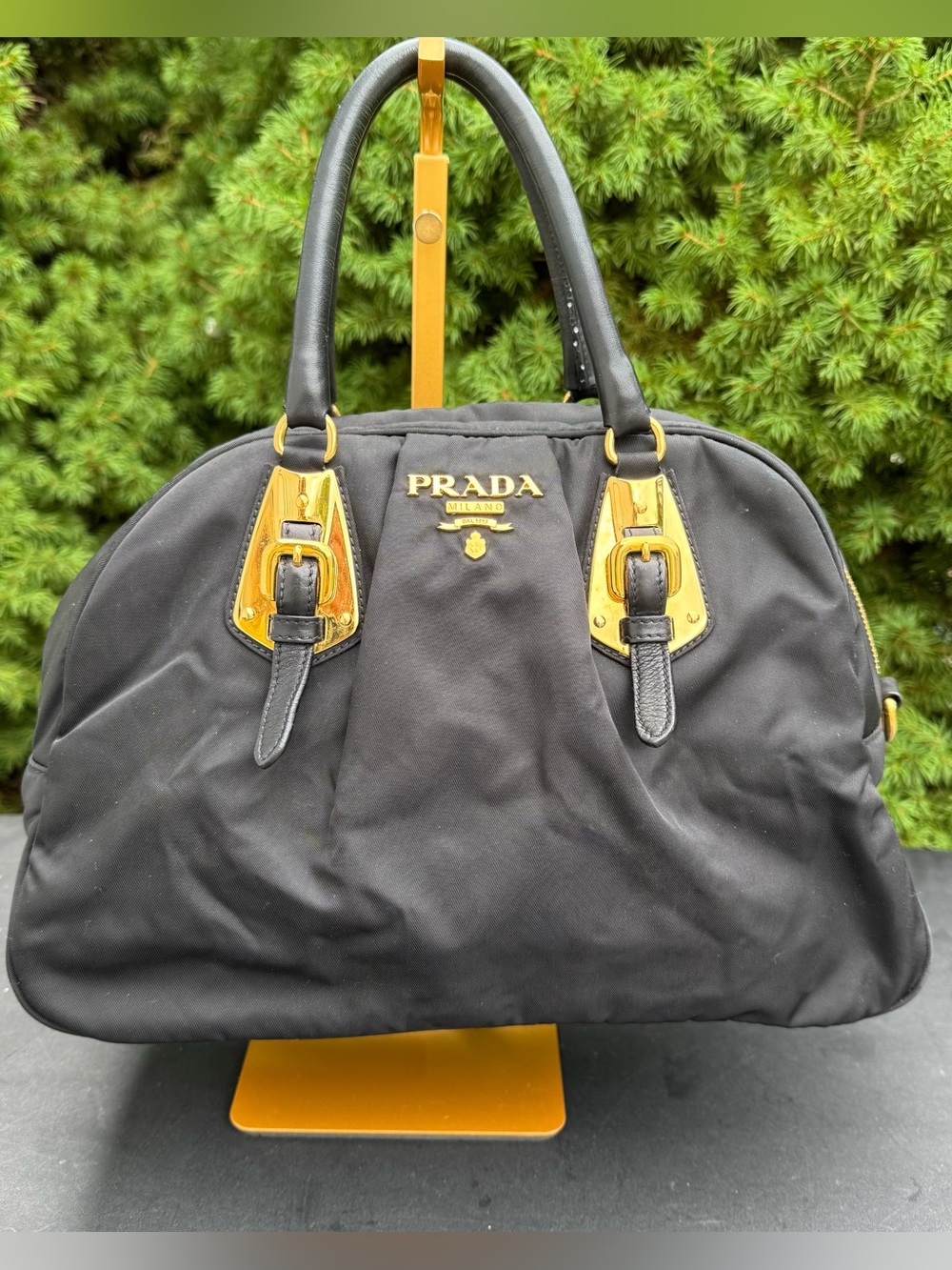 Prada Vintage Black Top Handle Nylon Satchel with Gold-Tone Hardware